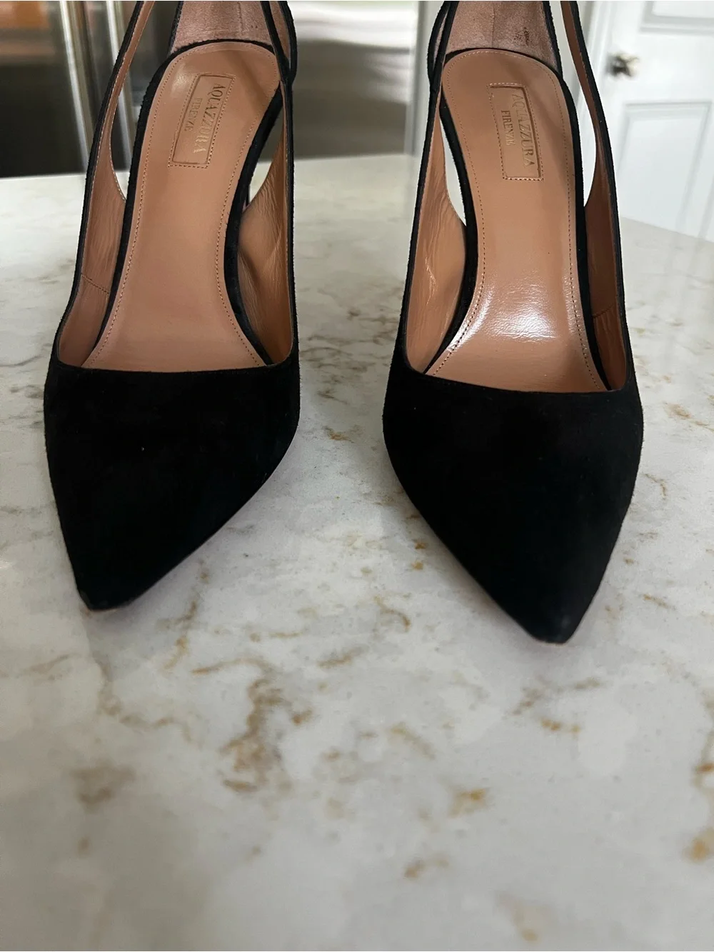 Aquazzura Firenze Black Suede Pointed Bow-Back Stiletto Pumps